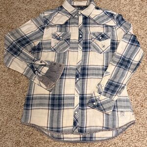 BKE Shirt Mens Large Buckle Plaid Vintage Western Pearl Snap Tailored Fit Casual